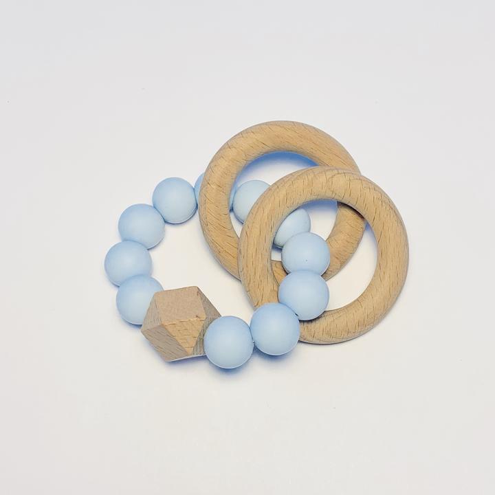 Sugar + Maple Silicone + Beechwood 2 Ring Teether - Blue